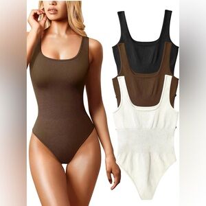 Elegant Ribbed Bodysuit Trio - Black, Brown, Cream